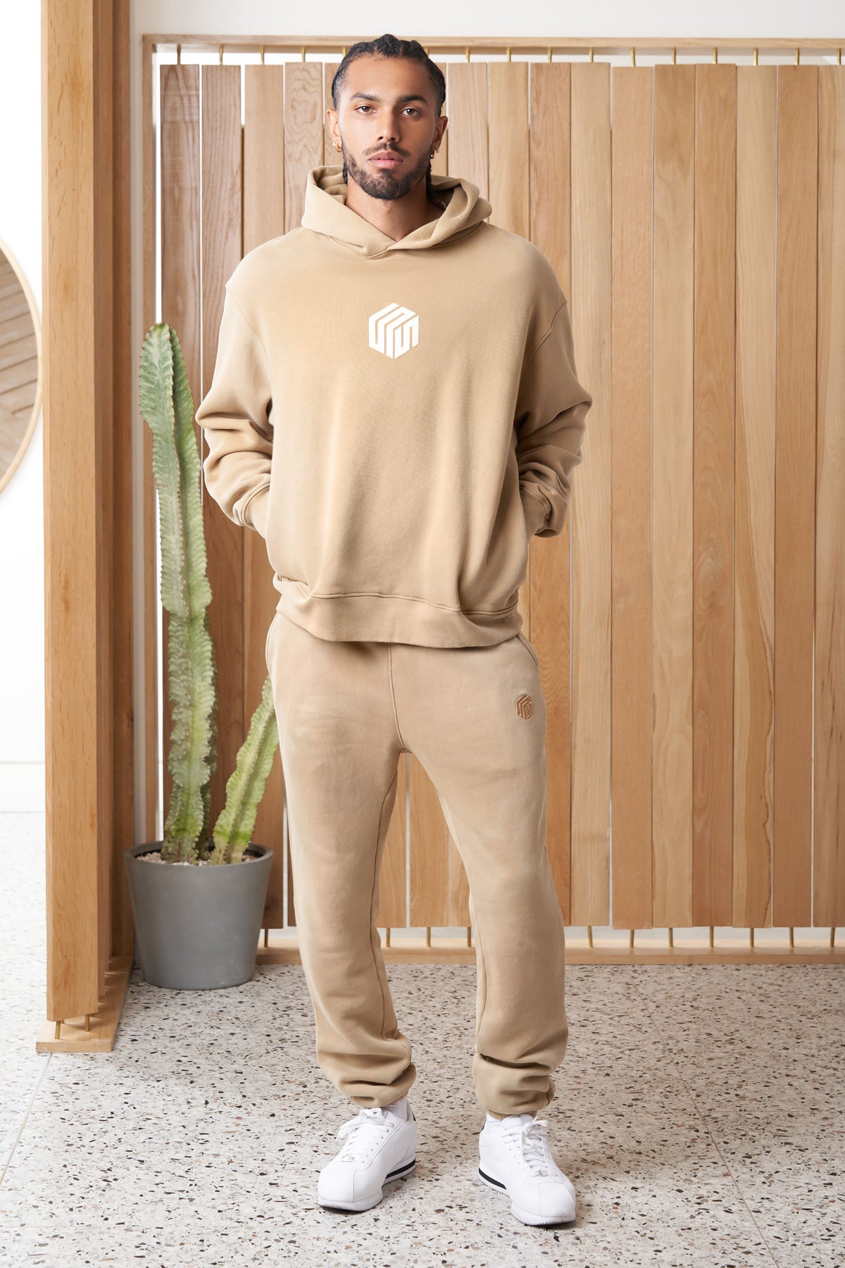 mandalay article 6 cube logo hoodie powder beige