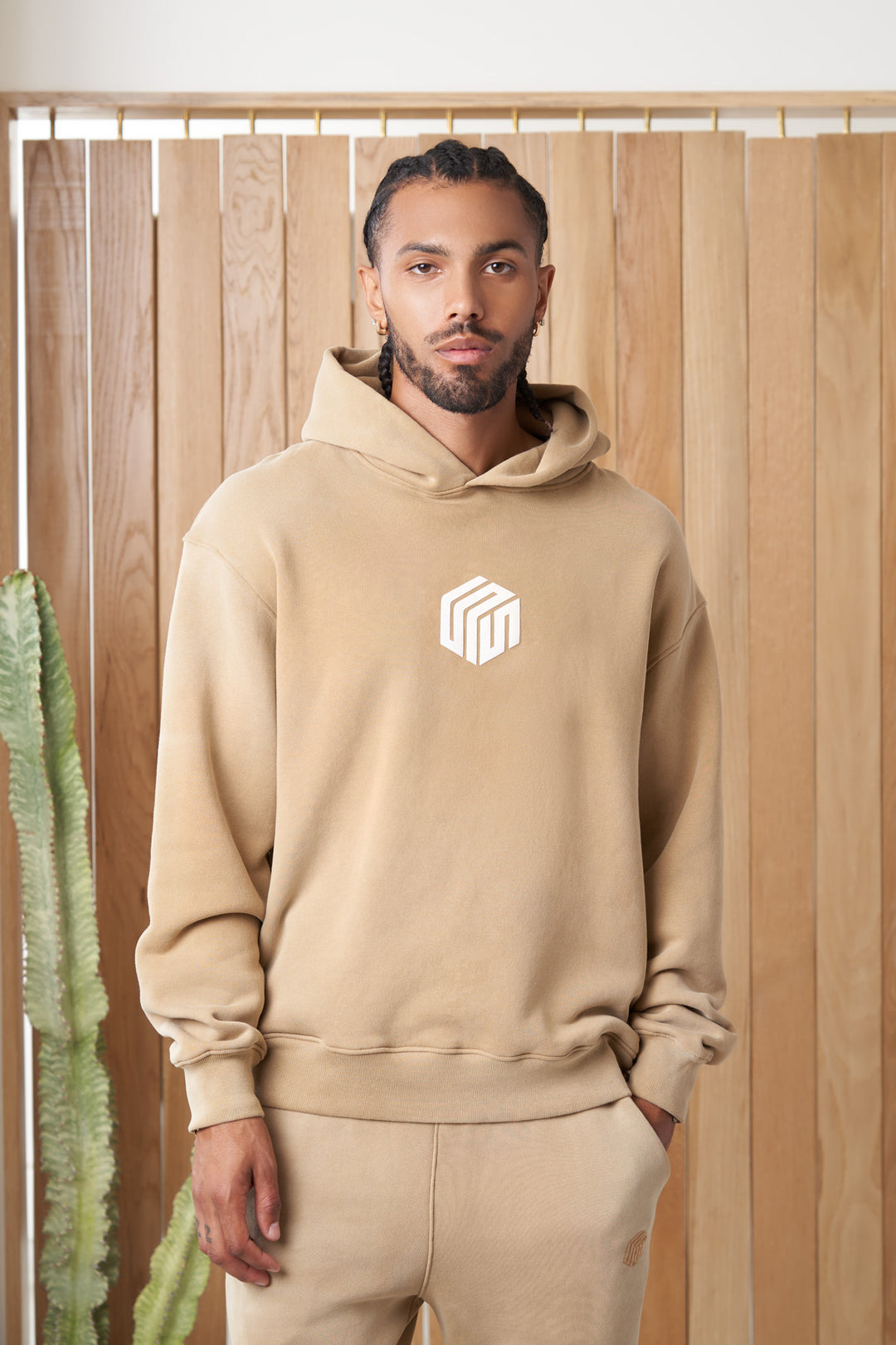 mandalay article 6 cube logo hoodie powder beige