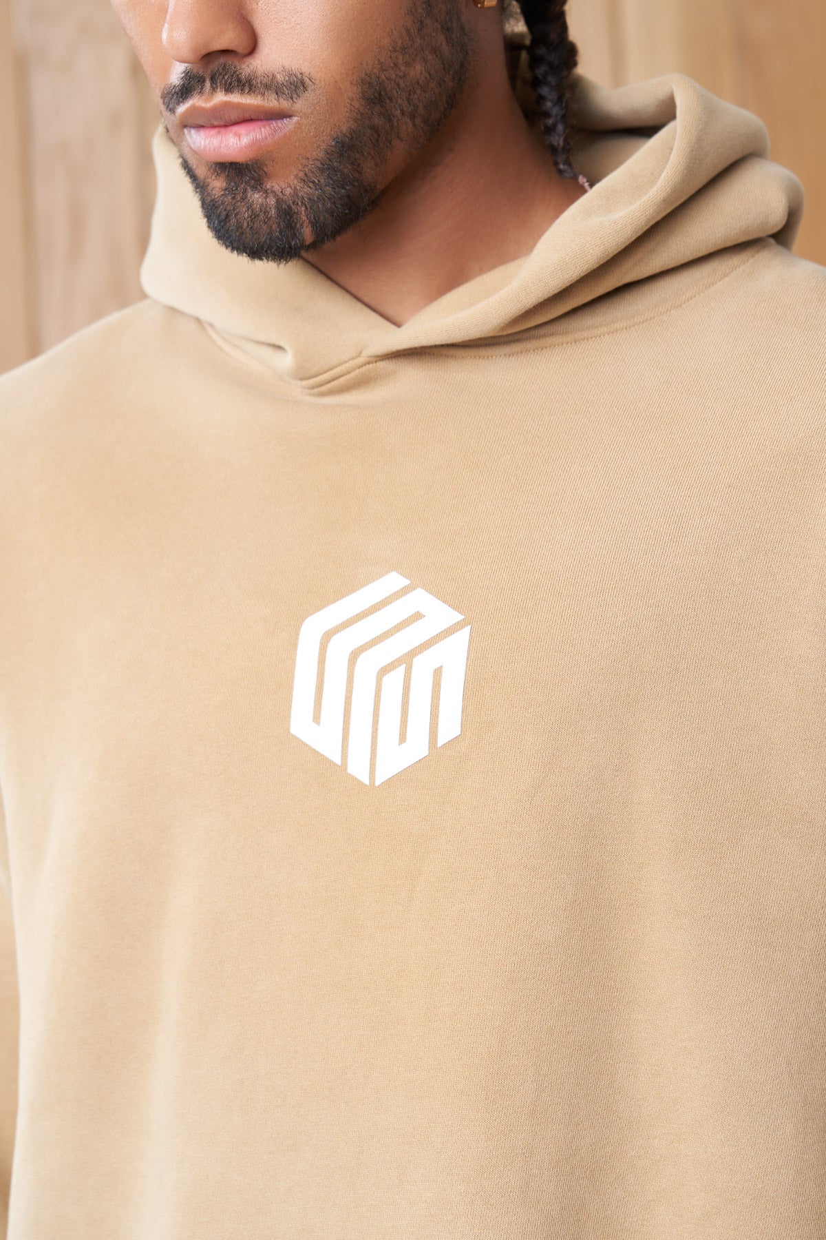 mandalay article 6 cube logo hoodie powder beige